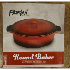 Parini Cookware Round Baker Non-Stick Ceramic Bakeware Dish Red Ombre with Lid